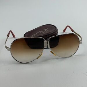 Vintage Fold 'N Zip Gold Tan Aviator Sunglasses & Brown zip Pouch Foldable